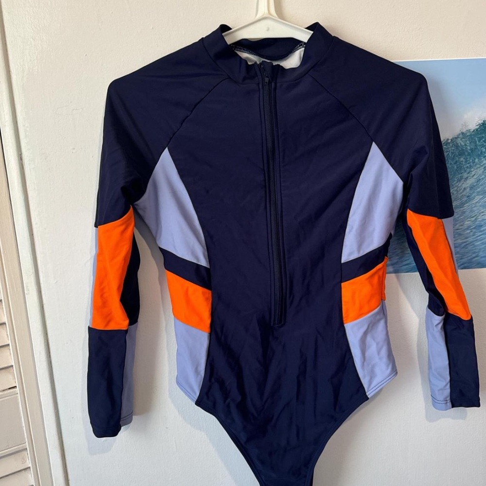 Navy and Orange Long Sleeve Swimsuit - Picture 4 of 4